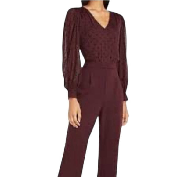 ❤️‍🔥NWOT:EXPRESS V NECK BURGUNDY DRESSY JUMPSUIT - Picture 1 of 16